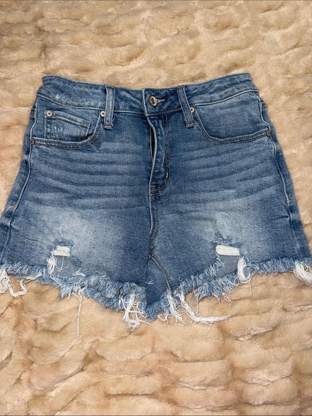 Frayed Hem Distressed Denim Shorts in Blue